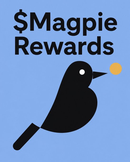 The image features a black bird with its beak open, seemingly sniffing an object or food item. The background of the image is blue, which contrasts nicely with the black bird. Below the bird, there's text that reads "S$ Magpie Rewards" and "Based on how much @MagpieLoans has already taken in fees, this is a sweet deal if you put in 5 sol into $Magpie you’ll literally make it back in fees in 5-6 days." The bird appears to be sniffing an object or food item that is placed below the text.