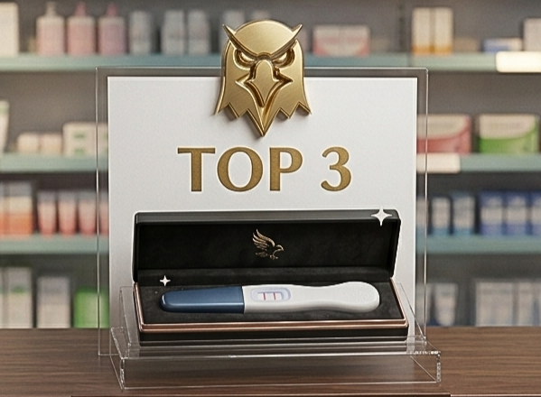 A 'TOP 3' award plaque with an owl emblem displayed in what appears to be a pharmacy setting, with a pregnancy test shown in an open case at the base.