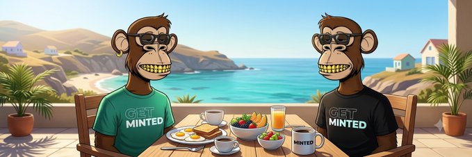 Two cartoon monkeys wearing sunglasses and 'GET MINTED' t-shirts sit at a table having breakfast with coffee and fruit, with a scenic coastal view behind them.