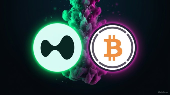 The image shows two cryptocurrency logos, a white circle with a green light inside and an orange circle with a white light inside, against a dark purple color background. The text on the image reads "GalaSwap Pool Update: GHYPE/GWBTC TVL: $61.1K APR: 221.9% VOL 24h: $124K Dive into a dynamic trading pair on GalaSwap. Provide liquidity and participate in the ecosystem". This suggests that there is an update or new feature related to cryptocurrency pools, and the image provides information about this update without being promotional content.
