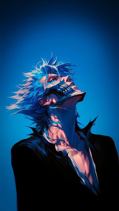 An anime-style digital artwork of a character with wild blue hair and a jagged, monstrous grin set against a deep blue background.