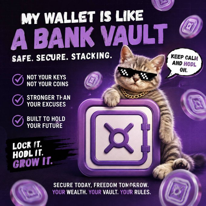 A meme-style ad featuring a sunglasses-wearing kitten in a gold chain leaning on a purple vault with the headline "My Wallet is Like a Bank Vault" and bullet points ("Not your keys not your coins," "Stronger than your excuses," "Built to hold your future") alongside the tagline "Keep Calm and HODL On," promoting the $VLT token at bankroll.network as a safer alternative to low-liquidity meme coin pump-and-dumps.