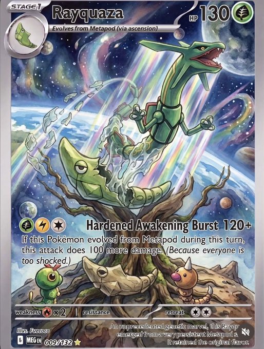 A custom Pokémon TCG-style card featuring Rayquaza at Stage 1 with 130 HP, showcasing its attack "Hardened Awakening Burst 120+" (set 009/132, illustrated by Pzcooco). The image relates to the "SIR reveal" post, indicating this Rayquaza card is the Special Illustration Rare (SIR) that was unveiled.
