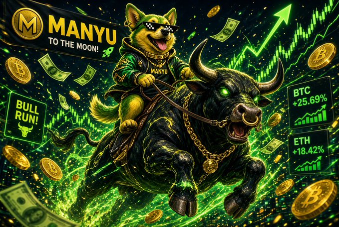 An identical crypto meme illustration showing a Shiba Inu dog wearing sunglasses riding a green glowing bull, with text "MANYU TO THE MOON!", "BULL RUN!", and price tickers showing BTC +25.69% and ETH +18.42% against a green chart background.