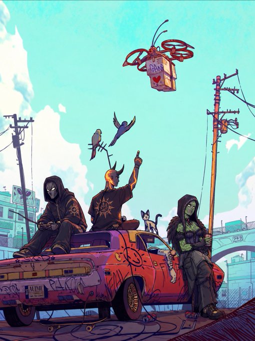A vibrant illustration depicts three masked figures in hoodies sitting on and around a red, graffiti-covered car, accompanied by a cat and birds, with a small drone flying above them.