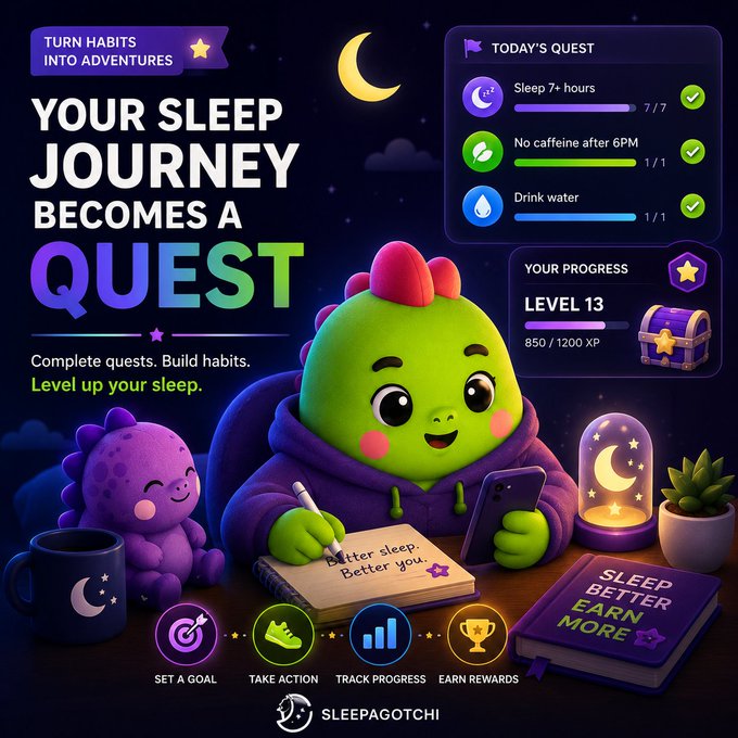 A colorful app advertisement for 'SLEEPAGOCHI' titled 'YOUR SLEEP JOURNEY BECOMES A QUEST,' featuring a green dinosaur-like character with daily quests for sleep, no caffeine, and water, currently at Level 13.