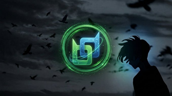 A silhouetted figure with tousled hair stands before a glowing green circular emblem with intertwined blue and green shapes, set against a dark, cloudy sky filled with flying birds.