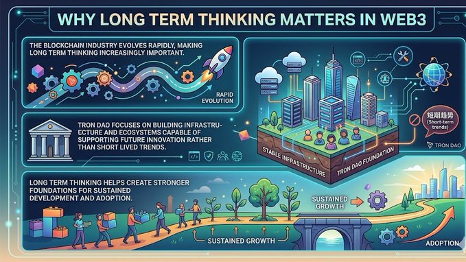 The image features a colorful poster illustrating the importance of long-term thinking, as evident from the "Why Long Term Thinking Matters" title at the top. The poster presents various analogies that connect long-term thinking with different aspects of life, such as the evolution of the internet and web3, and even an advertisement for Web3.com's blockchain project.