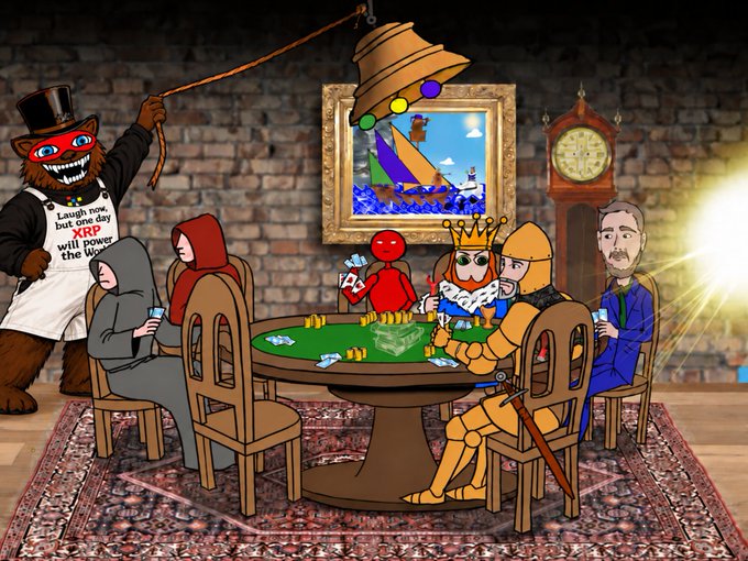 A furry bear mascot in a top hat rings a bell over a poker table where iconic characters—including a red Sith lord, an owl in a crown, a golden knight, and a hooded figure—play with XRP tokens as stacks of cash and the number "473" sit on the green felt. A painting of a ship and a grandfather clock in the background evoke a "ship sailing" toward Monday's NASDAQ debut, mirroring the post's announcement of Evernorth's public listing backed by 473 million XRP and $300 million in cash.