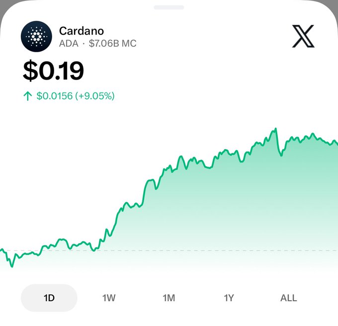 A mobile app showing Cardano (ADA) cryptocurrency data with a price of $0.19, market cap of $7.06B, and a +9.05% increase ($0.0156), displayed as an upward green trend chart.