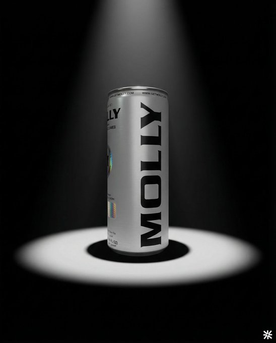 A silver can labeled "MOLY" is dramatically spotlit against a black background, referencing the NFT project Molythology and its signature "NFTs in a can" collectible, tying into the post's message about NFTs making a comeback during a bull market.