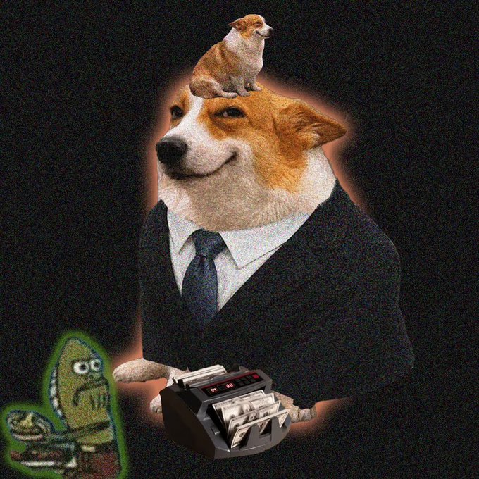 A Corgi dressed in a business suit with a smaller Corgi on its head stands behind a money-counting machine displaying "0", with a doodled green pickle-like character beside it, embodying a humorous "gm" (good morning) greeting to the NFT community.