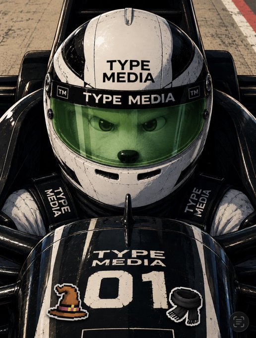 An AI-generated image of a black race car with 'TYPE MEDIA' branding, number 01, and stickers of a witch hat and scarf, featuring an anthropomorphic fox/raccoon driver wearing a green visor helmet.