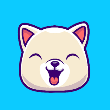 A cute, cartoon-style white dog face icon with pink-lined ears and a small smile on a bright blue background.