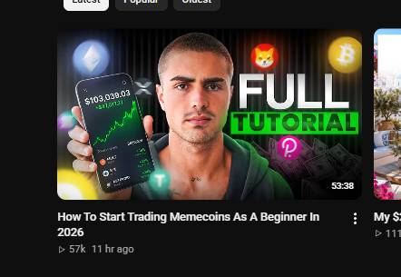 A YouTube video thumbnail titled 'How To Start Trading Memecoins As A Beginner In 2026' with a 'FULL TUTORIAL' label and various cryptocurrency logos.