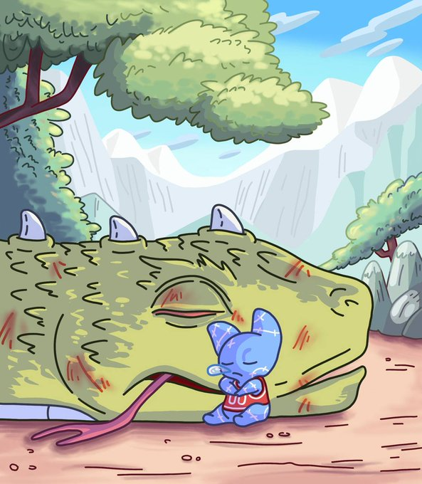 A cartoon drawing depicts a small blue crystal-like rabbit in a red tank top sitting against a large, injured green dinosaur in a mountainous landscape.