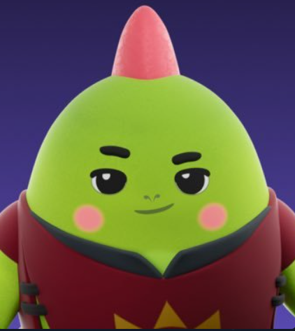 A 3D-rendered green cartoon character with a red cone-shaped mohawk and red outfit stands against a dark purple background.