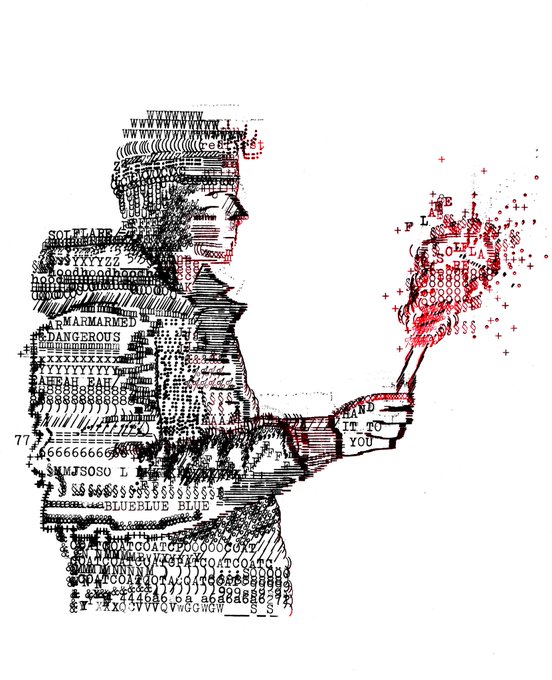 An abstract, glitch-style digital artwork depicting a figure composed of distorted text and patterns, holding a red, flame-like object. The image relates to the post "solflare mentioned" through its chaotic, data-heavy aesthetic, which evokes the visual language of cryptocurrency and digital assets often associated with the Solflare wallet.