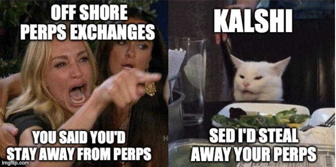 A two-panel "Woman Yelling at Cat" meme contrasting "OFF SHORE PERPS EXCHANGES" accusing Kalshi of stealing users with a calm cat labeled "KALSHI" responding "SED I'D STEAL AWAY YOUR PERPS," humorously promoting Kalshi's new legal, regulated perpetual futures contracts with up to 6.1X leverage for trading crypto without holding the underlying asset.