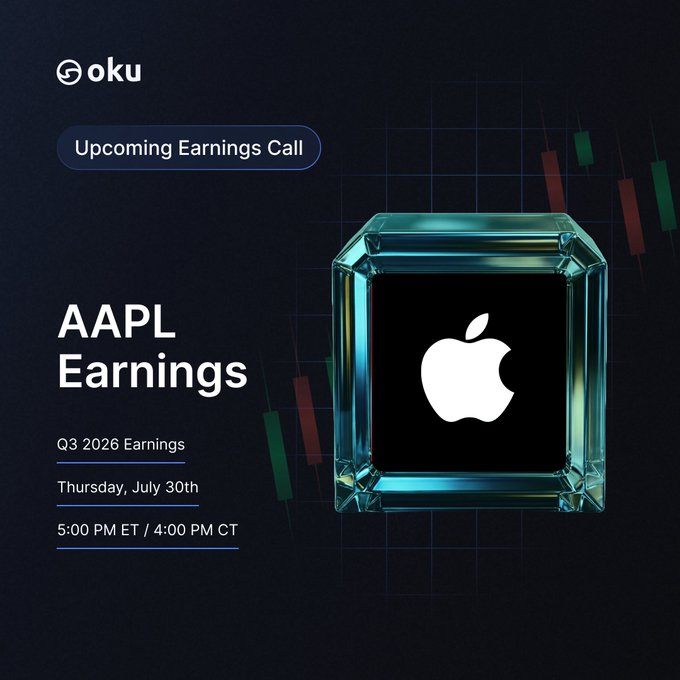 A dark promotional graphic from Gokutrade announcing an 'Upcoming Earnings Call' for AAPL (Apple), dated Q3 2026 Earnings on Thursday, July 30th at 5:00 PM ET, with a glass cube displaying the Apple logo.