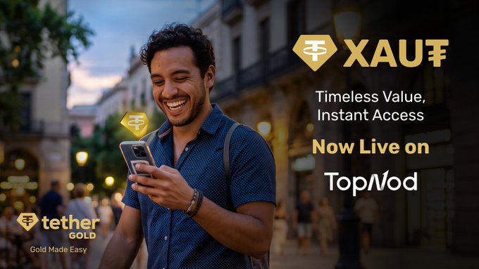 Tether Gold (XAUt) advertisement showing a smiling man with a phone, featuring the text 'Timeless Value, Instant Access Now Live on TopNod' and 'Gold Made Easy'.