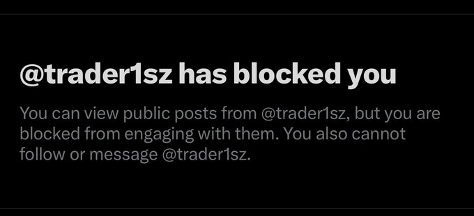 A screenshot showing that @trader1sz has blocked the user, displayed alongside a post in which the trader reiterates his refusal to promote projects, even calling $BTC and $ETH "shitcoins" used purely for profit, reinforcing his stance against shilling.