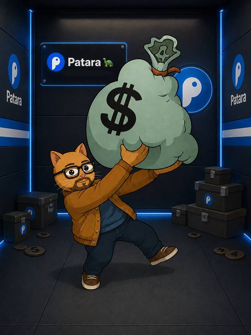 An orange tabby cat wearing glasses and a brown jacket heaves an oversized money bag marked with a dollar sign inside a vault branded with "Patara" logos, surrounded by treasure chests and gold coins. The image ties into the staking promotion by symbolizing the accumulation of wealth and passive income, with Patara's branding suggesting it as the platform enabling the secure $SUICAT staking service advertised.