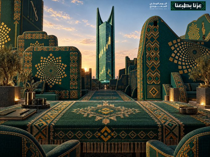 A luxury Saudi-themed lounge featuring intricate green and gold traditional patterns, ornamental seating, and a towering skyscraper at sunset, with "Binance Arabic" branding and the hashtag "#بينانس_والسعودية96" visible in the corner, tying the heritage-inspired scene to Binance's celebration of Saudi National Day.