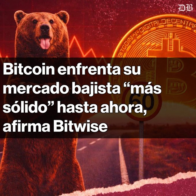 A news graphic with a bear, Bitcoin coin, and red downtrend chart displaying the Spanish headline: "Bitcoin enfrenta su mercado bajista \"más sólido\" hasta ahora, afirma Bitwise."