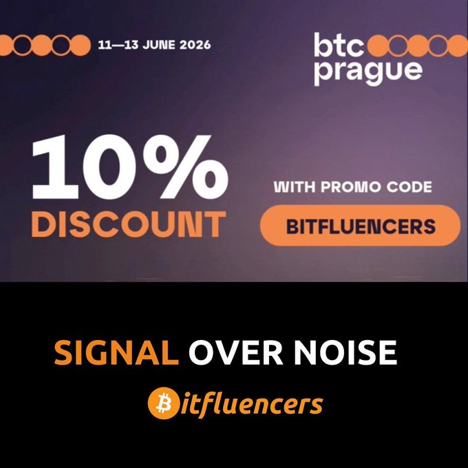 The image presents two logos for Bitcoin Prague. The first logo is a white background with black text displaying "signal over noise" at the top. Below this, there's an orange advertisement for a 10% discount. The second logo features an orange background that reads "btcprg.me/BITFLUENCERS". This logo also includes the text "Signal over noise" and "Come and say hi to any of us on the ground". Both logos aim to promote Bitcoin Prague and encourage visitors to explore their platform further by signing up for a discount or interacting with other users.