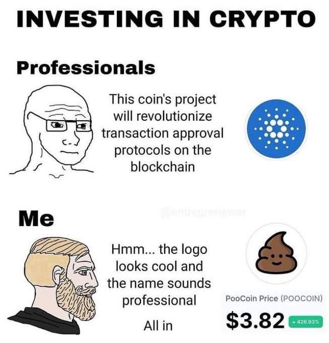 A 'Wojak' style meme comparing 'Professionals' to 'Me' in crypto investing, contrasting a man researching Cardano's technology with a 'Chad' character investing in 'PooCoin Price (POOCOIN)' at $3.82 based purely on the logo and name.