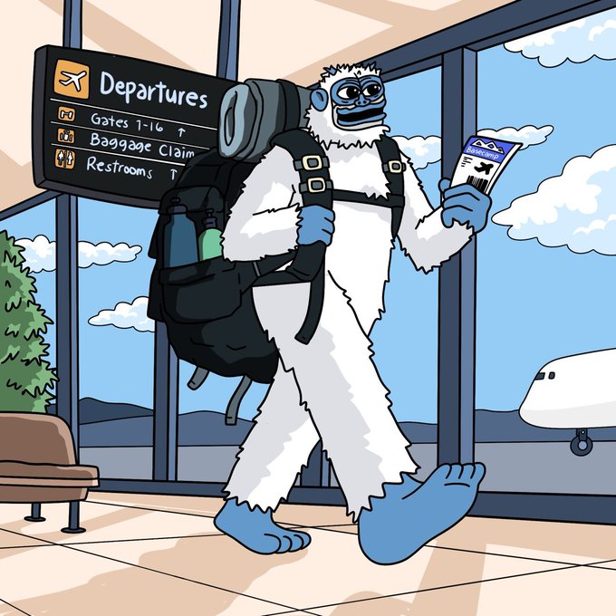 A cartoon illustration of a white, furry yeti-like creature with blue feet and a blue face, carrying a large backpack and holding a boarding pass in an airport near a Departures sign.