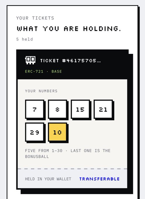 A digital lottery ticket interface labeled 'YOUR TICKETS - WHAT YOU ARE HOLDING' showing ticket #46175705 with numbers 7, 8, 15, 21, 23, and 10 (bonus ball), marked as ERC-721 on BASE chain.