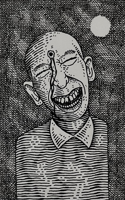 A black and white illustration of a bald man with a wide, toothy grin, crying a single tear, drawn with cross-hatched lines on a gray background.