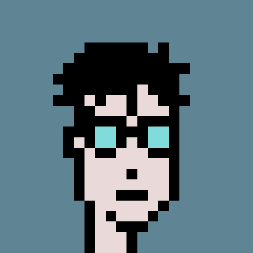 A pixel art portrait of a man with dark spiky hair, a pale complexion, and cyan eyes against a solid blue background.