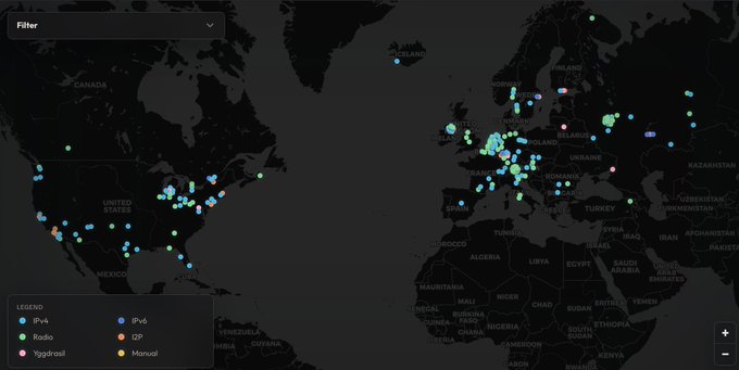 A world map displays the global distribution of over 1,000 community-run nodes across the Yggdrasil network and other platforms (IPv4, IPv6, Radio, OP, Manual), with heavy concentrations across Europe, the United States, and parts of South America, while Africa, Asia, and Australia remain largely underserved. The visualization highlights the geographically uneven but crowd-sourced nature of decentralized internet infrastructure, supporting the post's claim of "decentralization at its finest"—though the empty regions reveal its limitations.