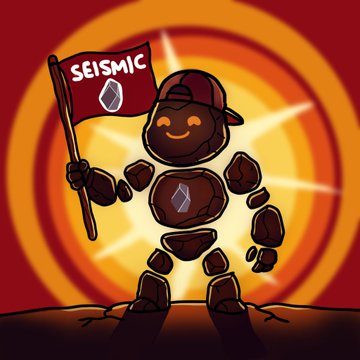 A cartoon illustration of a character made of rocks holding a 'SEISMIC' flag against a red and orange background.