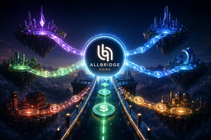 A futuristic digital illustration showing the 'ALLBRIDGE CORE' logo surrounded by floating islands connected by glowing neon bridges with dollar signs flowing between them.
