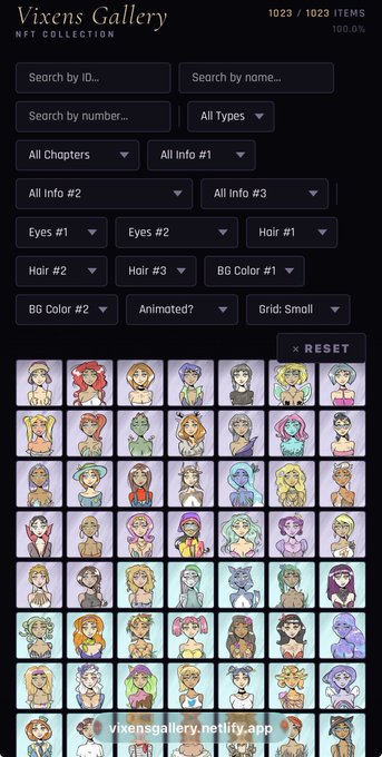 A screenshot of a website titled 'Vixens Gallery NFT COLLECTION' shows various search and filter dropdowns at the top and a grid of small, colorful digital portraits of diverse female and anthropomorphic characters below.