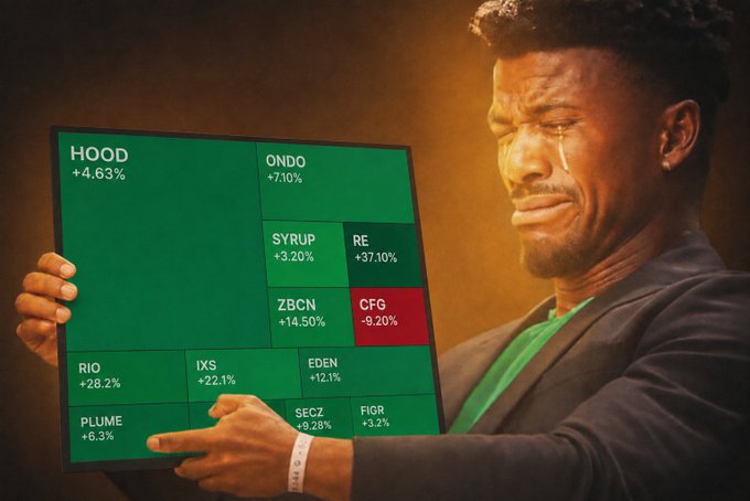 A dramatic image of a crying Black man holding a green board divided into segments showing various stock tickers (HOOD, ONDO, SYRUP, RE, ZBCN, CFG, RIO, IXS, EDEN, PLUME, SECZ, FIGR) with percentage changes, most showing gains.