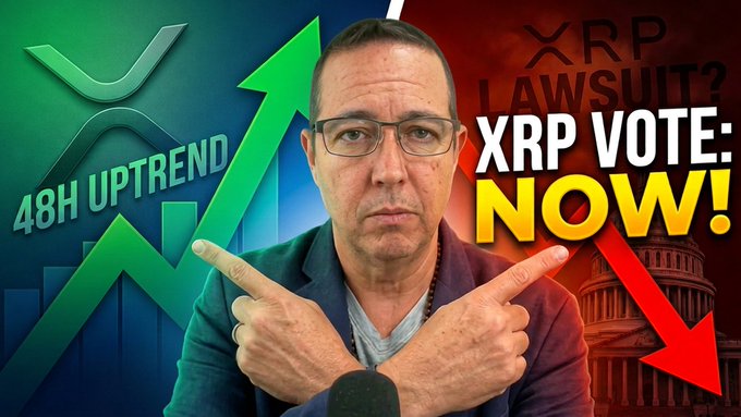 A YouTube thumbnail featuring a man pointing in two directions, with text about 'XRP VOTE: NOW!', 'XRP LAWSUIT?', and '48H UPTREND' alongside XRP logo graphics and contrasting green up and red down arrows.