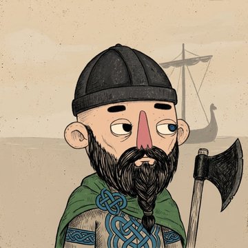 A cartoon illustration of a bearded Viking-style character wearing a knit cap and green cloak with Celtic knotwork, holding an axe, with a longship visible in the misty background.