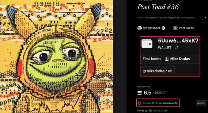 The image shows an NFT listing for "Poet Toad #36" featuring pixelated typewritten artwork of a green frog-like character, with @mikdudasjr.sol identified as the first funder of wallet 5Uuw6...45xK7, which just placed an offer of 6.5 SOL (the highest at ~$500.07), confirming Mike Dudas's bid mentioned in the post.