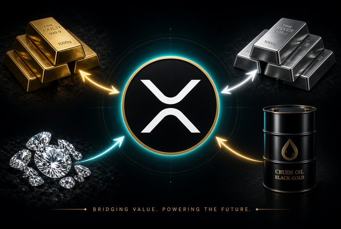 The image shows the XRP logo at the center, surrounded by illustrations of gold bars (labeled "FINE GOLD 999.9 1000g"), silver bars (labeled "FINE SILVER 999.0 1000g"), diamonds, and a barrel of crude oil ("CRUDE OIL BLACK GOLD"), with arrows pointing from these commodities toward the XRP symbol. Text at the bottom reads "BRIDGING VALUE, POWERING THE FUTURE."

The graphic visually reinforces the post's message by depicting tokenized real-world assets—gold, silver, oil, and diamonds—all converging on the XRP Ledger, symbolizing Ripple's ambition to replace traditional commodity exchanges like LME, COMEX, and NYMEX with blockchain-based settlement.