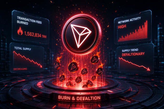 A glowing red TRON (TRX) coin sits at the center of a fiery digital display, surrounded by burning tokens and holographic data panels showing "Transaction Fees Burned: 1,562,834 TRX," "Network Activity: High," "Total Supply: Decreasing," and "Supply Trend: Deflationary," with the banner "Burn & Deflation" beneath it. The image visually reinforces the post's message about TRX's deflationary mechanics, illustrating how increased network usage permanently reduces the token supply through transaction fee burns, thereby driving long-term scarcity.