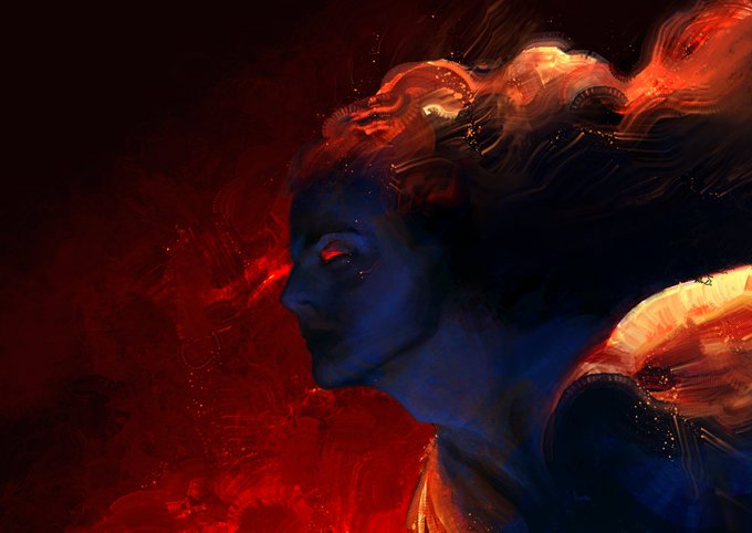 A dark digital artwork depicting a woman's profile in deep blue tones against a fiery red background, with ethereal golden and orange tendrils emanating from her head.