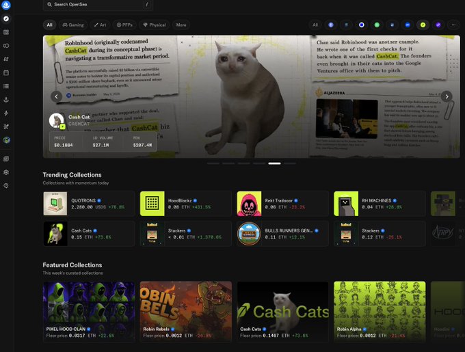 Screenshot of the OpenSea NFT marketplace homepage featuring trending collections like Cash Cats, HoodBlockz, and Pixel Hood Clan, with a featured Cash Cat NFT priced at 0.1467 ETH.