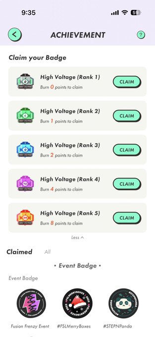 A mobile app screenshot showing an 'ACHIEVEMENT' page with 'High Voltage' badges at various ranks available to claim, plus event badges labeled 'Fusion Frenzy Event', '#FSLMerryBoxes', and '#STEPNPanda'.