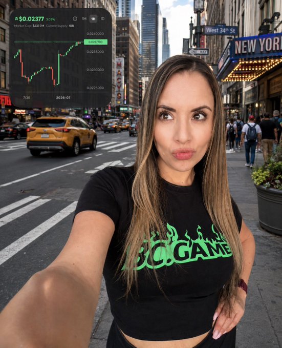 A woman in a black "BC.GAME" t-shirt taking a selfie on a New York City street near West 34th St, with an inset chart showing a cryptocurrency or stock market gain labeled "$0.02377 9.13%" for 2026-07.