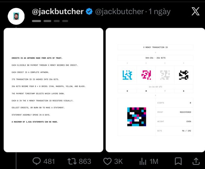 A screenshot of a tweet from '@jackbutcher' discusses 'CREDITS' and shows a digital artwork with CMYK pixel patterns alongside transaction details like 'SHA-256: 256 BITS'.